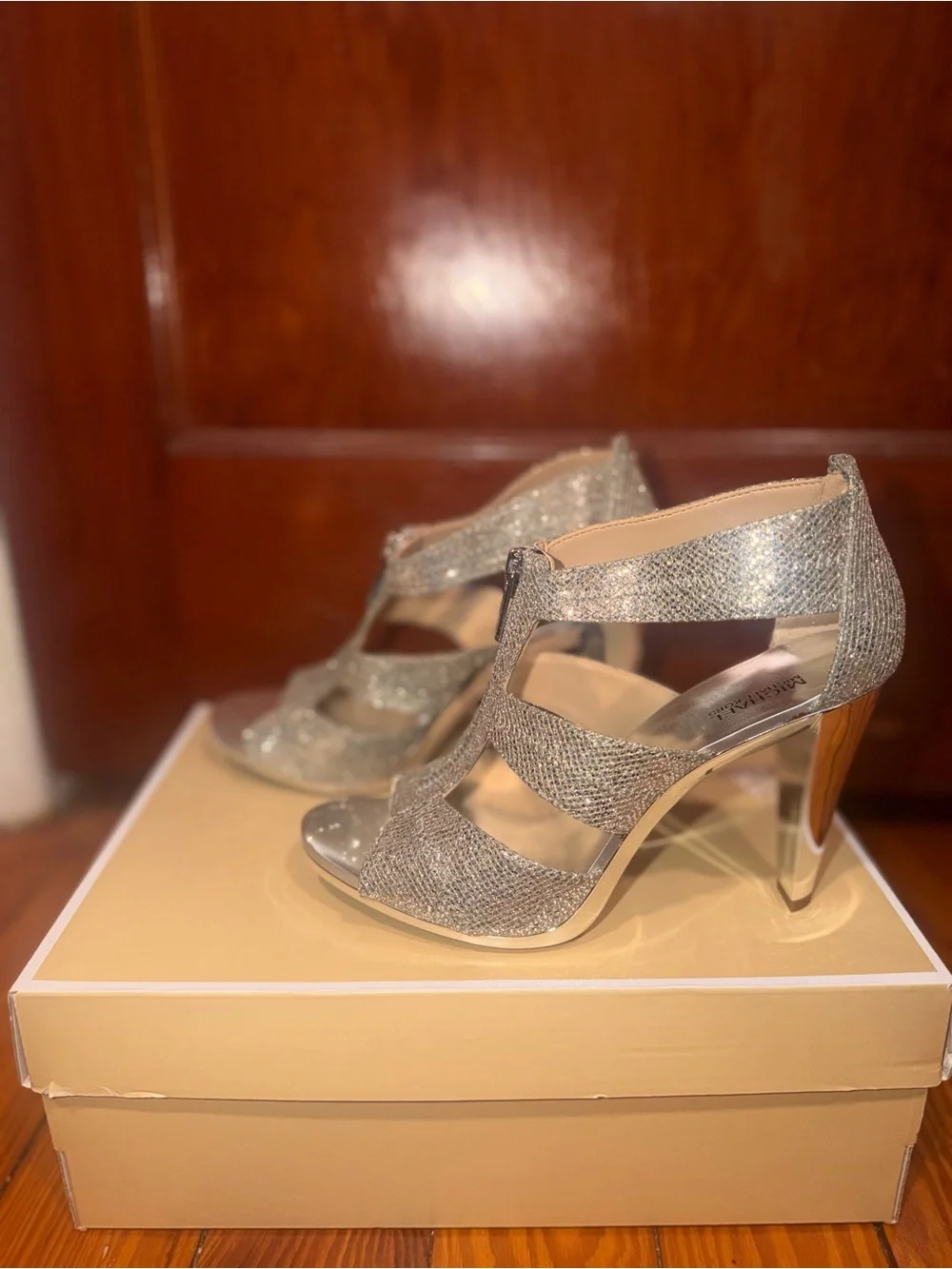 MICHAEL Michael Kors Silver Glitter T-Strap Heeled Sandals
